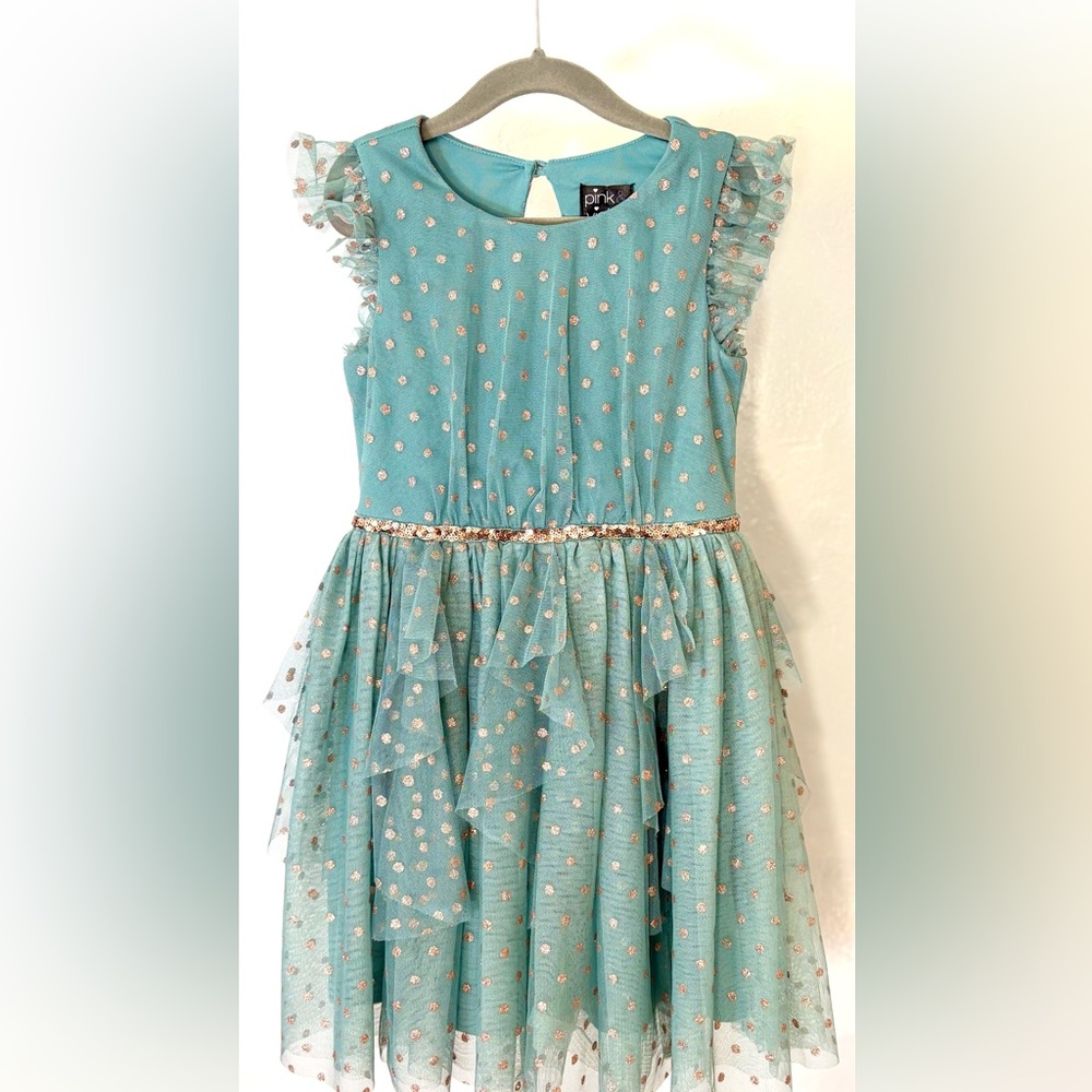 Teal Polka Dot Ruffle Dress with Gold Accents